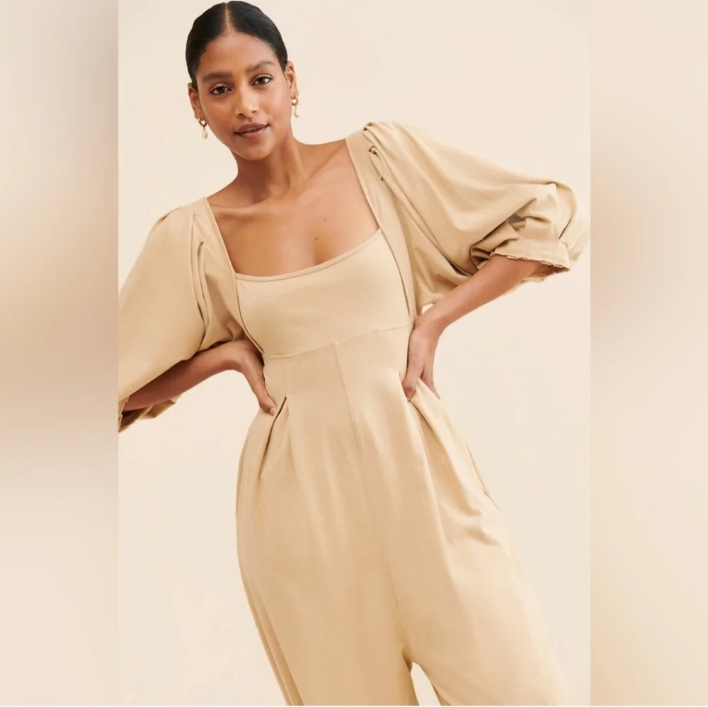Free People Beige Jumpsuit with‎ Puff Sleeves